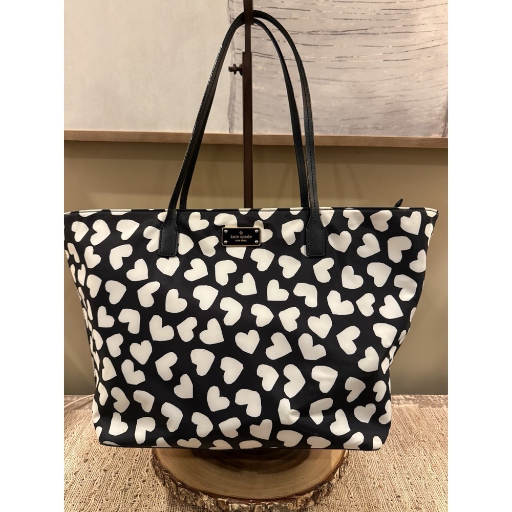 Kate Spade Maya Sam Hearts Nylon Large Heart Black White Watson Tote Bag